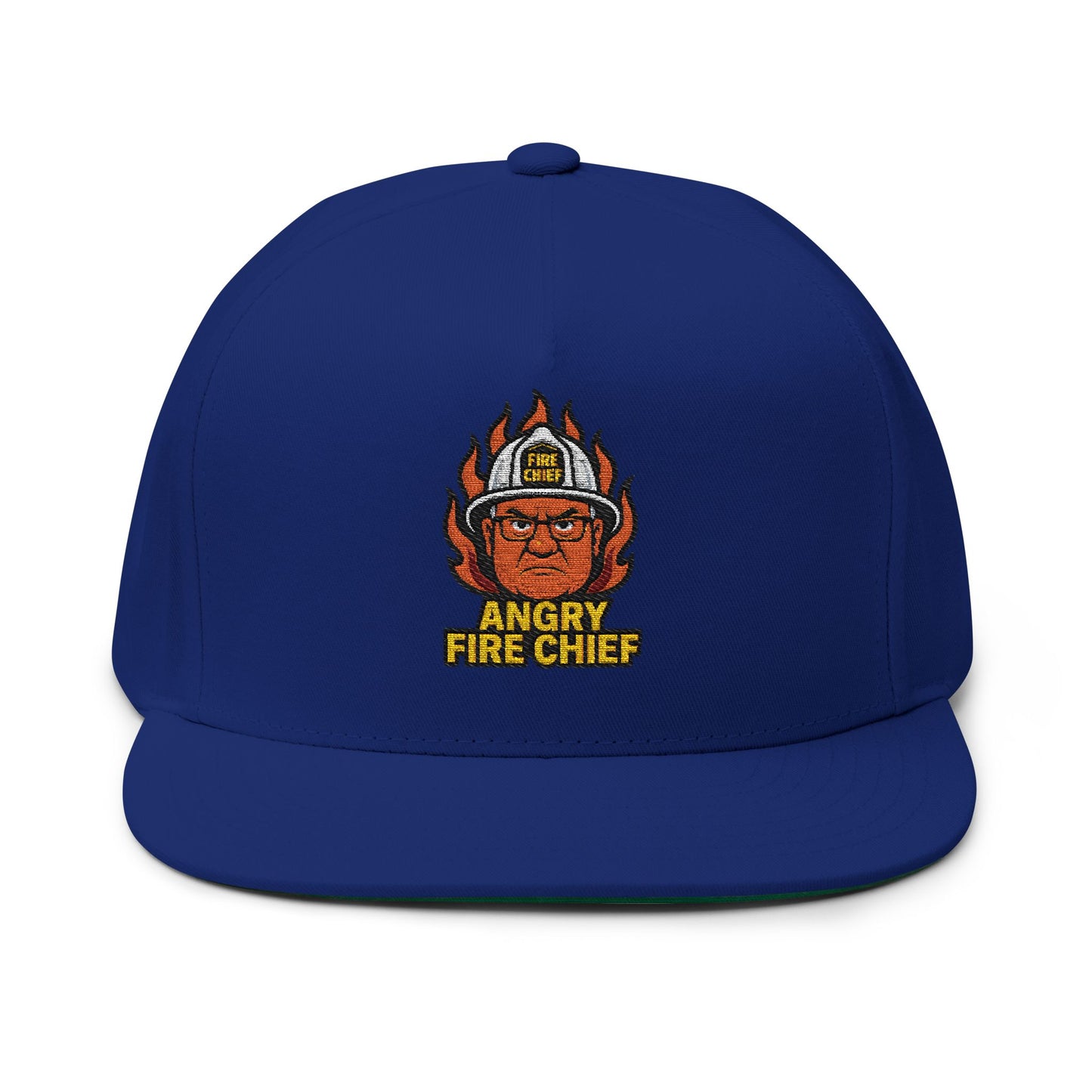 Embroidered Flat Bill Cap - Angry Fire Chief Design