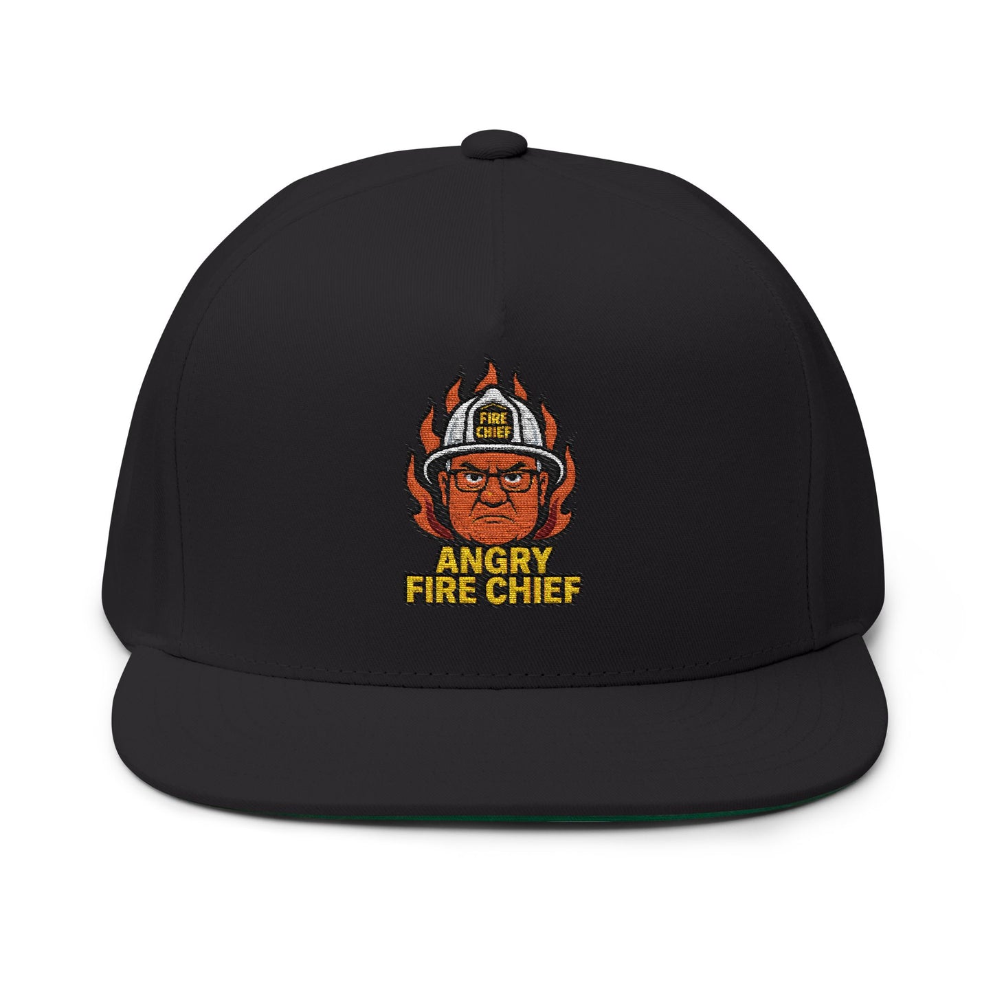 Embroidered Flat Bill Cap - Angry Fire Chief Design