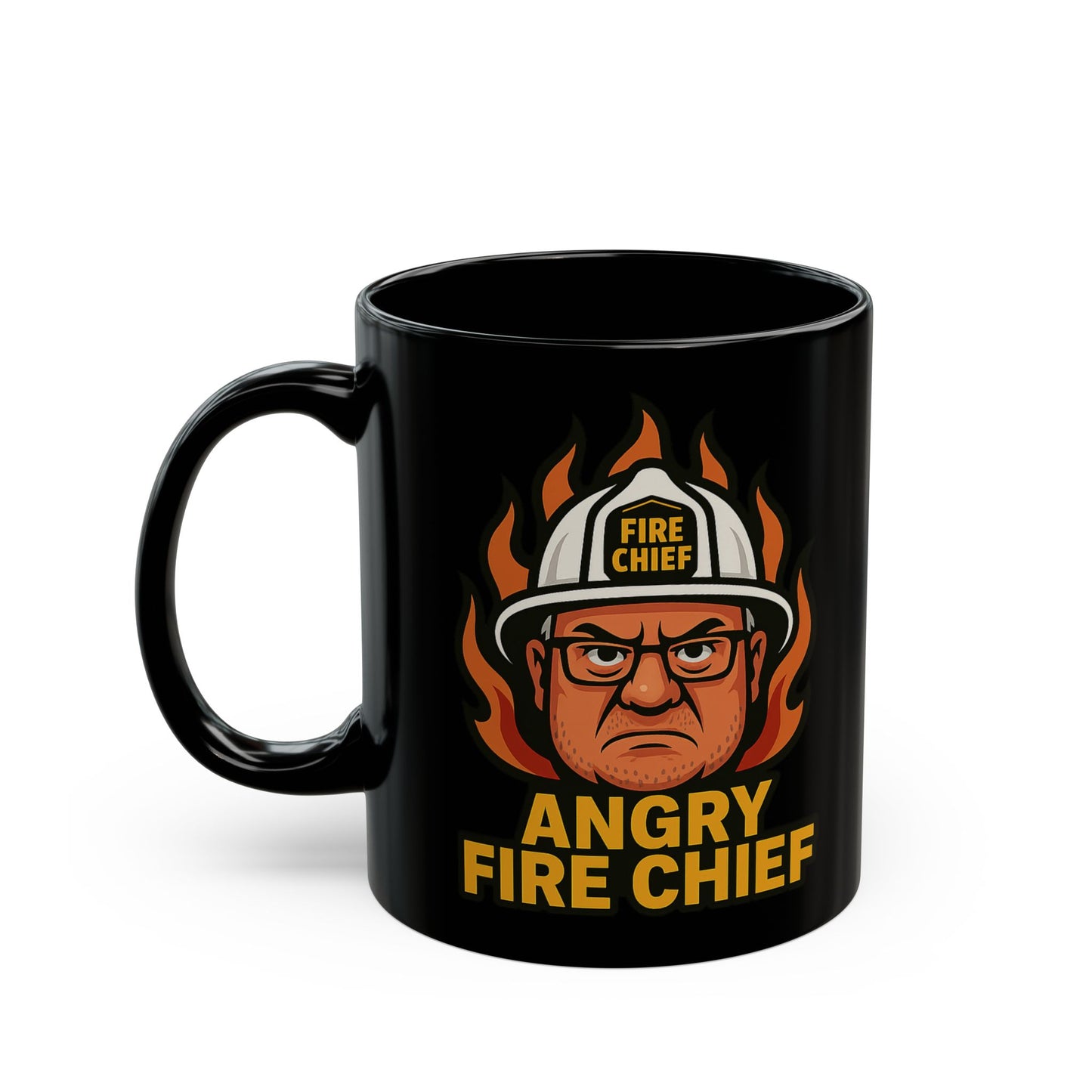 Angry Fire Chief Mug - Black Ceramic Coffee Cup for Firefighters