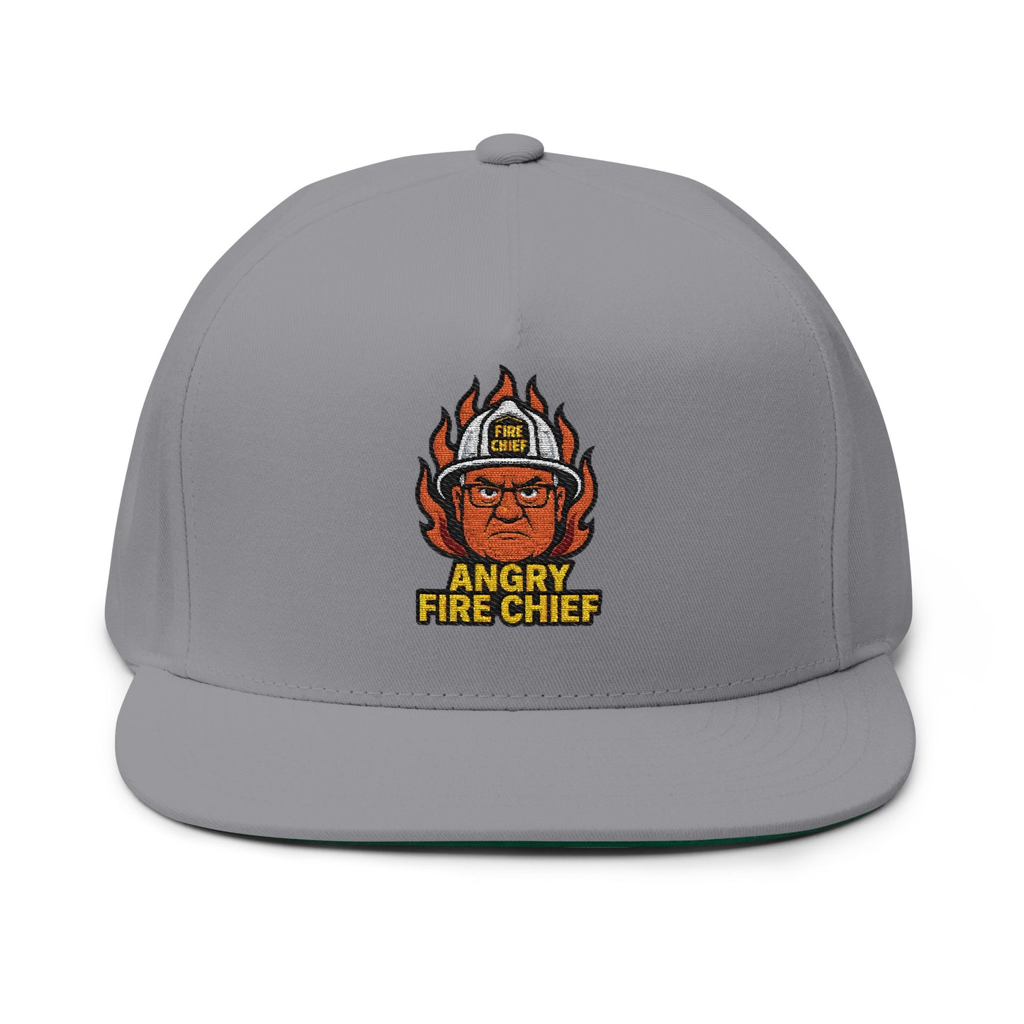 Embroidered Flat Bill Cap - Angry Fire Chief Design