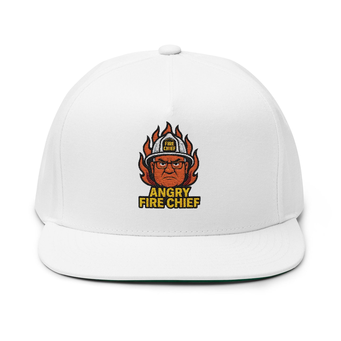 Embroidered Flat Bill Cap - Angry Fire Chief Design