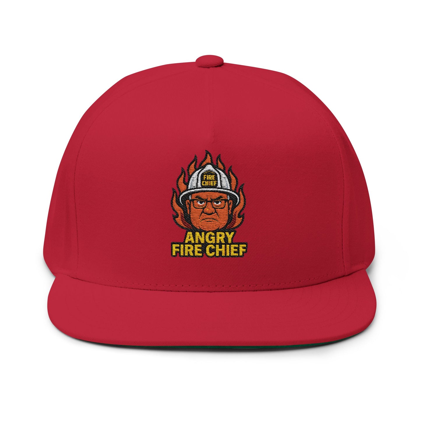Embroidered Flat Bill Cap - Angry Fire Chief Design