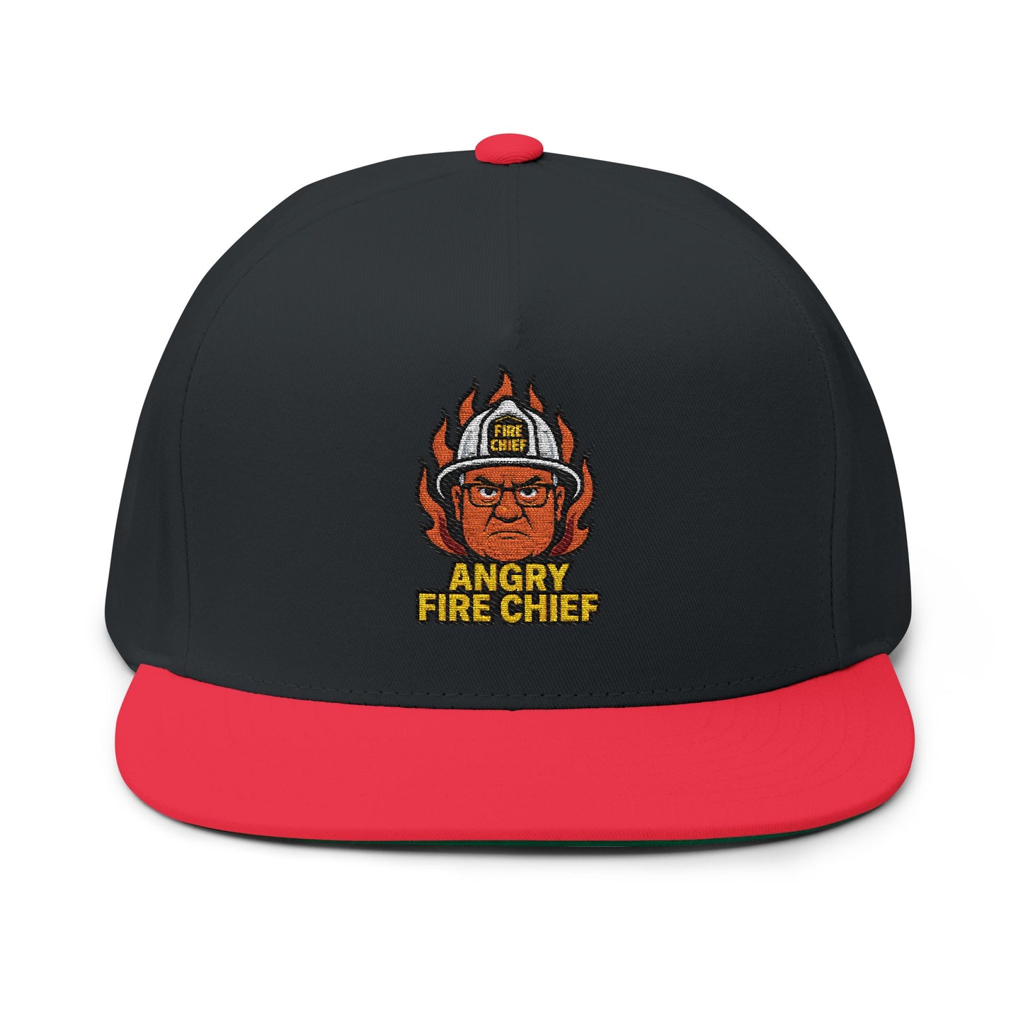 Embroidered Flat Bill Cap - Angry Fire Chief Design