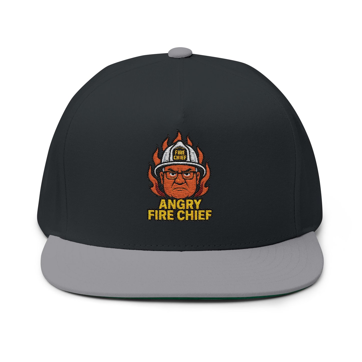 Embroidered Flat Bill Cap - Angry Fire Chief Design